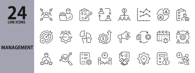 Management line icons set with Leader, Growth, Career, Team, Meeting, Success and more. Editable Stroke