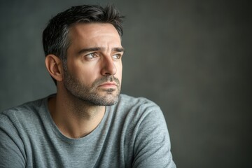 Fototapeta premium A man appears deep in thought, his serious expression reflecting contemplation as he gazes away in a subdued indoor setting. Generative AI