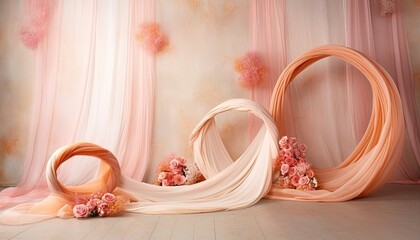 Soft pastel ribbons and floral arrangements create a delicate display in a serene setting perfect...