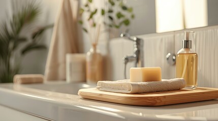Wooden soap stand for bath products in a blurry bathroom