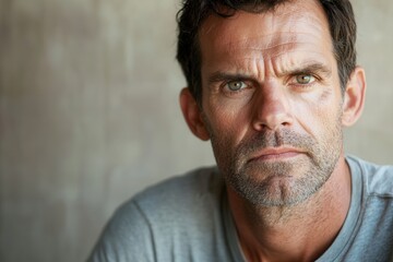 Obraz premium A man with intense eyes and a serious demeanor appears deep in thought, highlighting contemplation in a soft-lit environment. Generative AI