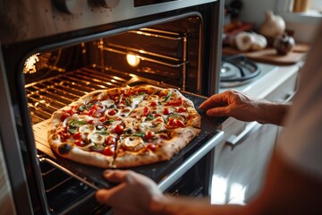 Man bakes homemade pizza with fresh vegetables in a cozy kitchen. Close-up