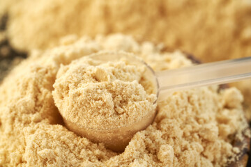 Whey protein powder in a plastic measuring cup