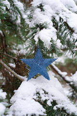 Blue shiny star hanging on a fir branch covered with snow, vertical template. New Year, Christmas card with five-pointed star in the centre, blurred background, copy space.