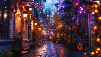 A Halloween-themed street decorated with cobwebs and spooky lights