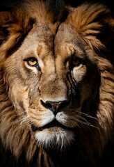 Vertical close-up portrait of a lion againist black background.