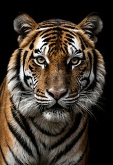 Obraz premium Vertical close-up portrait of a Bengal tiger againist black background.