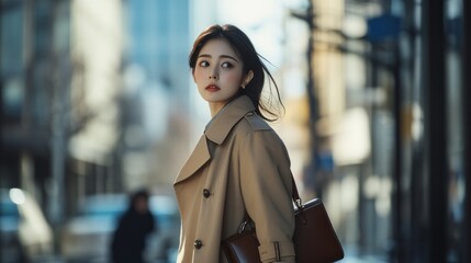 Fototapeta premium Woman in a Beige Trench Coat with a Leather Bag in a City