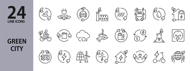 Green City line icons set with Ecologic, Solar Panels, Green Energy, Friendly Town, Fuel, Bicycle and more. Editable Stroke