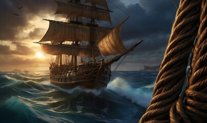 Pirate ship privateer, in a stormy ocean