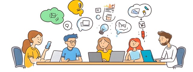 A simple doodle of team members around the table, each with their own laptop and office supplies, talking about ideas in small bubbles above them