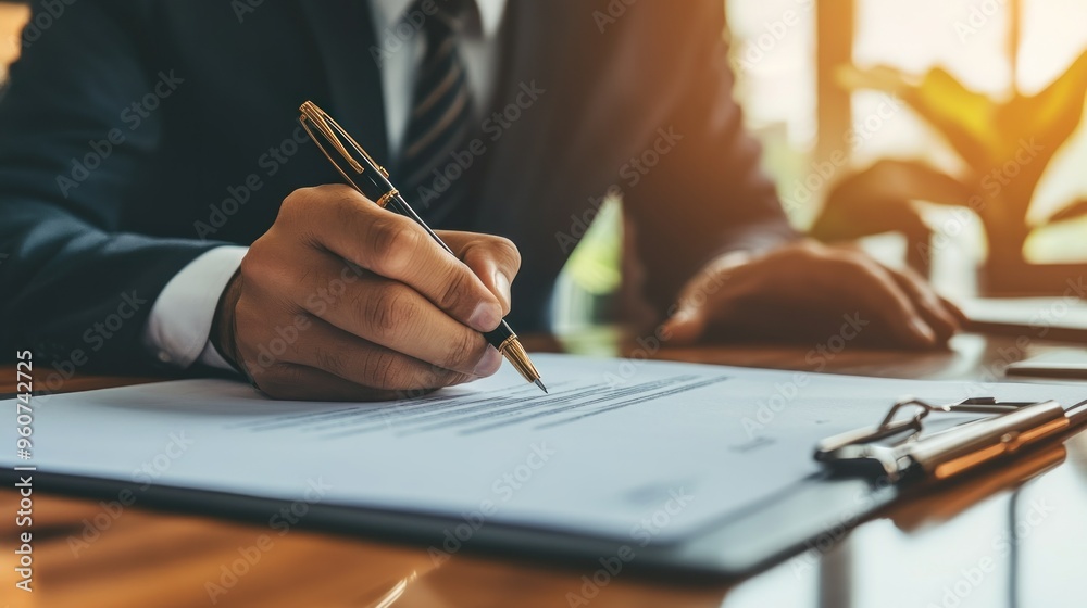 Poster close-up of a hand signing a document with a gold pen