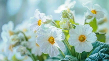 Fototapeta premium Macro image of white primroses in a spring forest on a soft light blue backdrop. Floral scenery for wallpaper or postcard with an artistic touch and room for text.