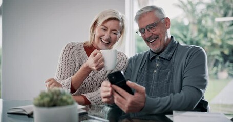 Senior couple, phone and coffee in home with digital website search for retirement planning with care. Chat, love and tea with marriage of people in a living room with communication and tech at table - Powered by Adobe