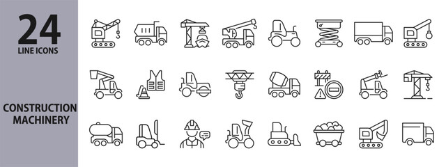 Construction Machinery line icons set with Bulldozer, Crane, Sign, Loader, Excavator, Vehicle and more. Editable Stroke