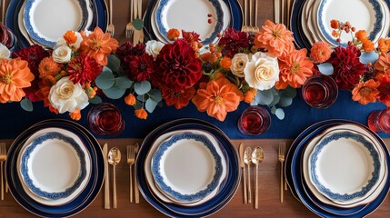 Elegant Thanksgiving tablescape featuring rich blues, vibrant oranges, and deep reds for a warm autumn gathering