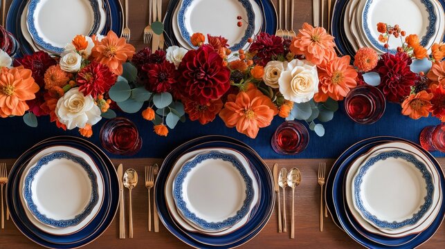 Elegant Thanksgiving tablescape featuring rich blues, vibrant oranges, and deep reds for a warm autumn gathering