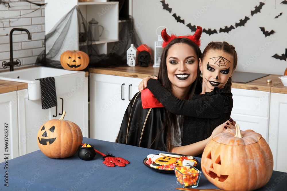 Sticker Little girl with her mother dressed for Halloween hugging in kitchen