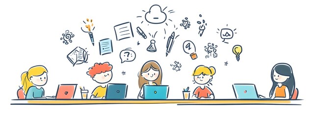 A simple doodle of team members around the table, each with their own laptop and office supplies, talking about ideas in small bubbles above them