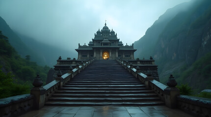Obraz premium Majestic Temple Staircase Amidst Misty Mountains
