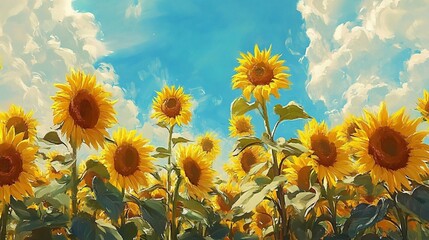 Obraz premium full of sunflowers with very different appearances, sunny blue sky, cheerful