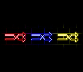 Neon right arrows colourful vector icons set. Realistic glowing pointers on transparent background. Location indicator for casino, bar, cinema, nightclub and motel, isolated symbol pack.
