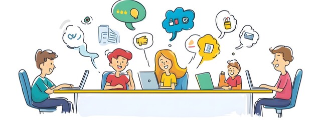 A simple doodle of team members around the table, each with their own laptop and office supplies, talking about ideas in small bubbles above them