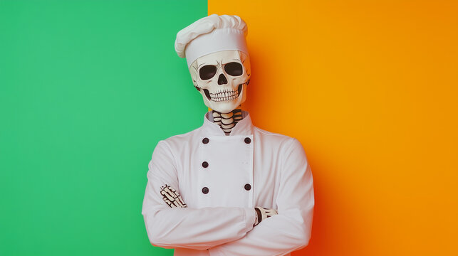 Skeleton chef wearing a white uniform and hat crossing its arms, on a colorful green and orange background for halloween