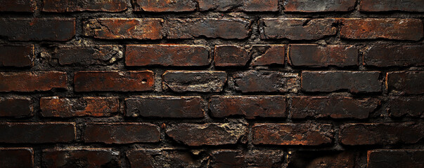 Obraz premium A close-up of a weathered, dark brown brick wall with rough textures and chipped surfaces, set in a rustic, outdoor setting.