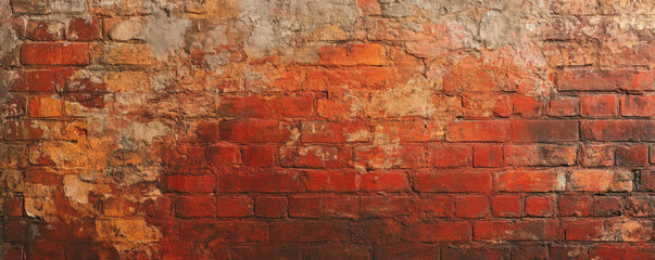 A weathered, red brick wall with rough, uneven surfaces, with warm natural light highlighting the texture.