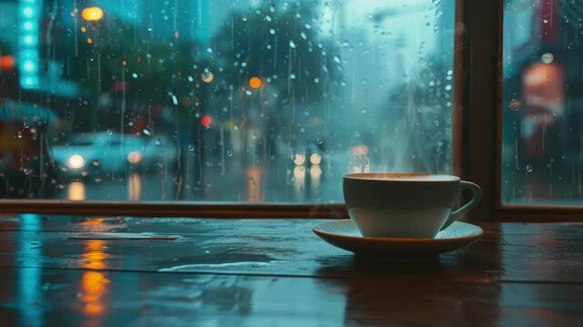 A lofi view of hot Cup of coffee on Table against city street view from window in Rain - Loop Music Video Wallpaper Template