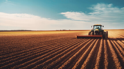 Fototapeta premium Tractor plowing through field with rows of brown soil under blue sky
