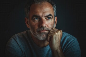 Fototapeta premium A man appears deep in thought, his serious demeanor illuminated softly, showcasing contemplation in a relaxed setting. Generative AI