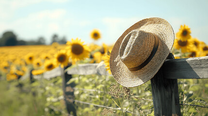 Fototapeta premium Straw hat hanging on fence with sunflower field and clear sky
