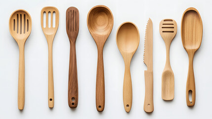 Set of wooden kitchen utensils laid out on white surface