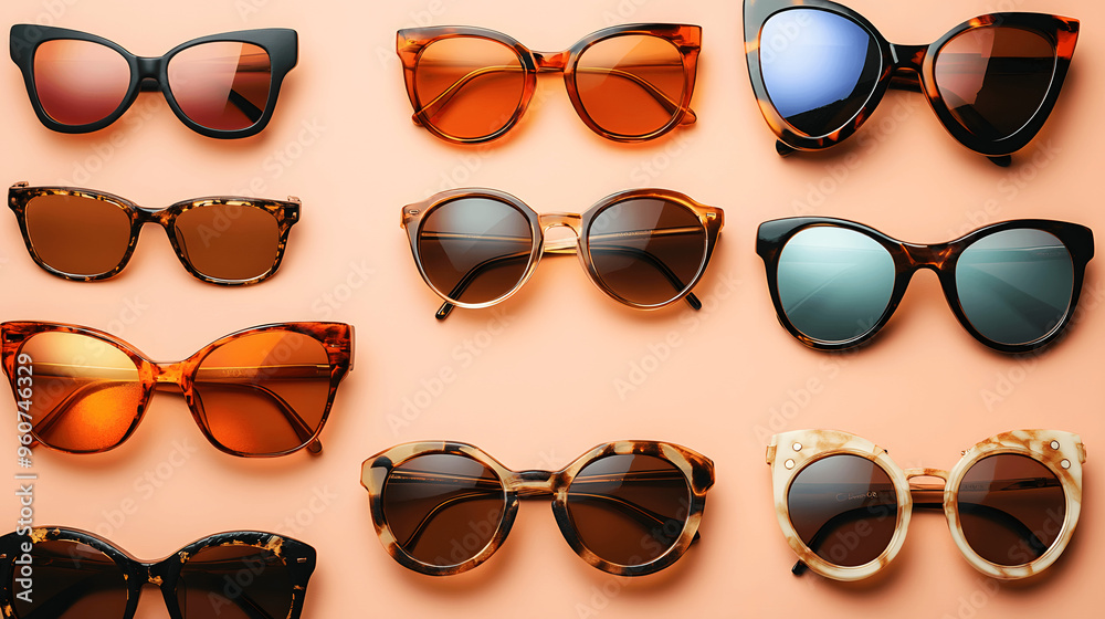 Wall mural set of sunglasses laid out on flat surface with various designs