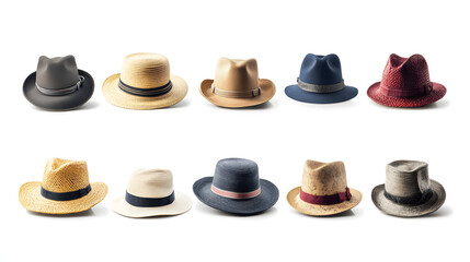 Set of hats in various styles displayed on white background
