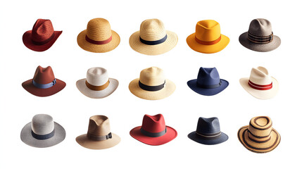 Set of hats in various styles displayed on white background