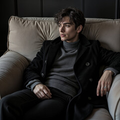 Sophisticated Fashion: Young Man in Black Attire Relaxing