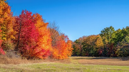 Naklejka premium A vibrant autumn landscape with trees showcasing red, orange, and yellow leaves under a clear blue sky.