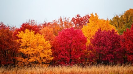 Fototapeta premium A vibrant autumn landscape with trees showcasing red, orange, and yellow leaves under a clear sky.