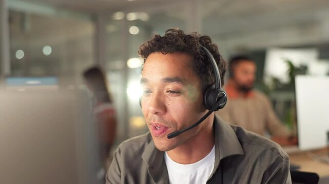 Call center, contact us and man agent in office with crm, customer service or inbound discussion. Communication, technical support and travel consultant with headset for online hospitality client.