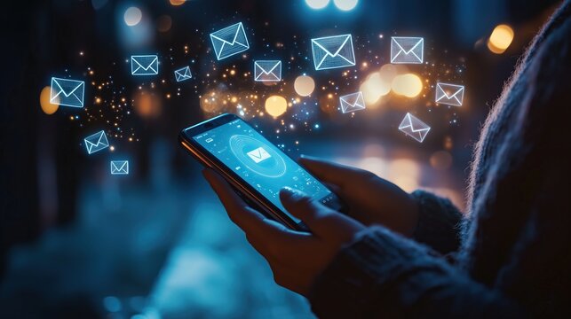 A person holding a smartphone with animated email icons - Powered by Adobe