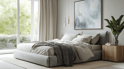 Scandinavian bedroom with light gray bed and wooden nightstand