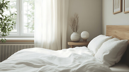 Scandinavian bedroom with wooden bed and white linens