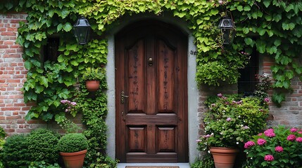 Vintage Wooden Door with Circular Plate in Rustic Setting