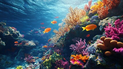 Fototapeta premium Colorful Underwater Coral Reef with Orange Fish