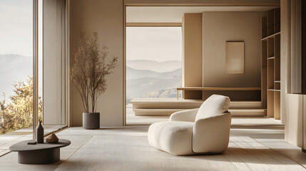 Japandi minimalist living room with armchair and neutral tones