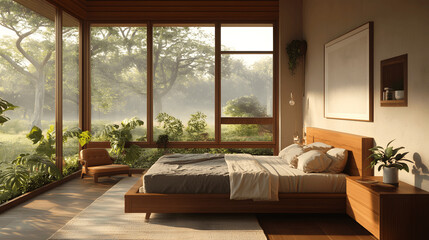 Mid-century modern bedroom with wooden bed and large windows