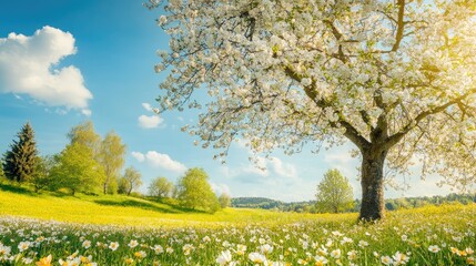 Naklejka premium A vibrant spring landscape with blossoming trees and flowers under a clear, sunny sky.